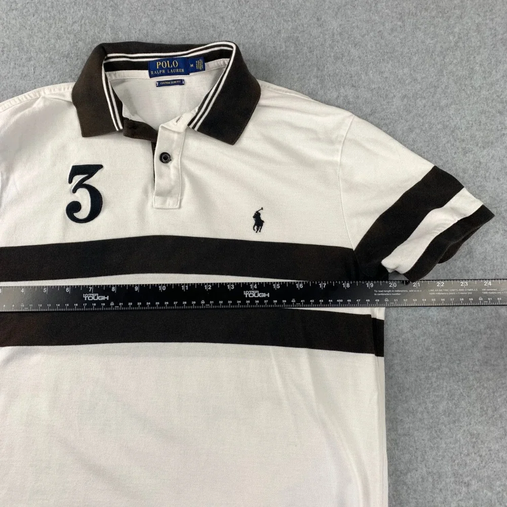 Polo Ralph Lauren Polo Shirt Mens M White Brown Striped Custom "Slim Fit" - Picture 3 of 7